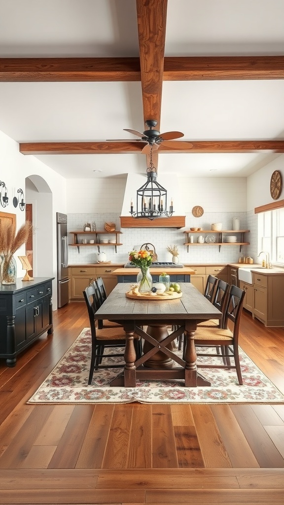 A rustic farmhouse kitchen with wooden beams, a dining table, and ample natural light.