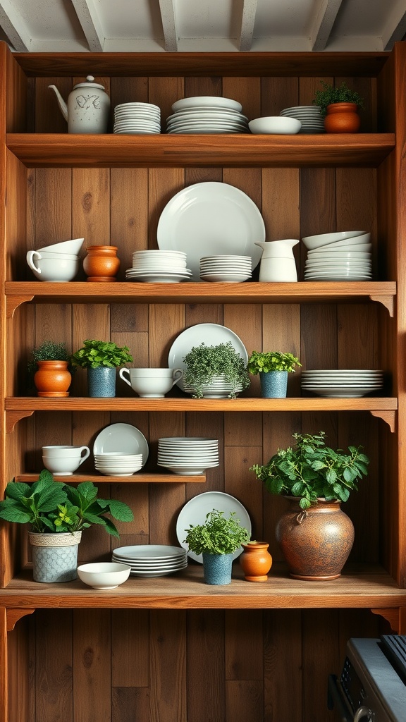 Open shelves in a rustic farmhouse kitchen displaying dishes and potted herbs.