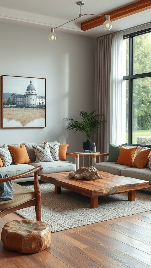 Stylish boho living room with natural light, wooden furniture, and earthy tones