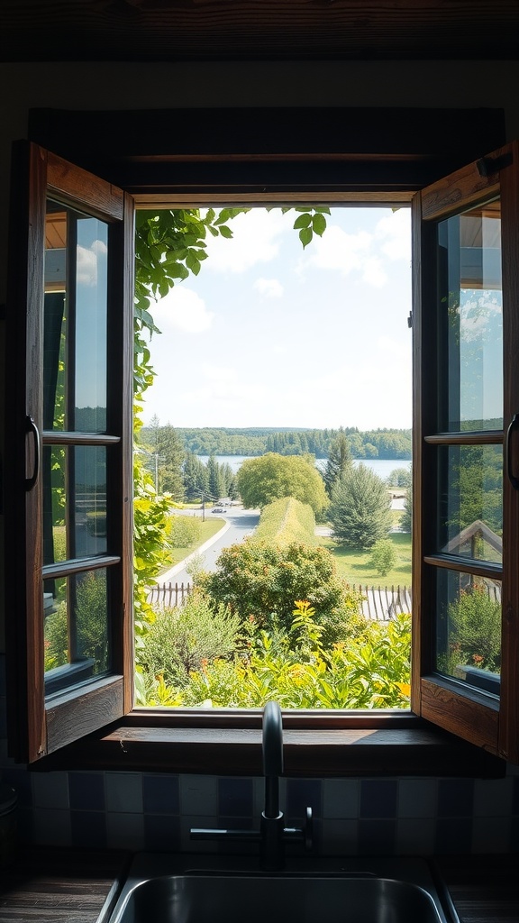 A view from a rustic farmhouse kitchen window overlooking greenery and a peaceful landscape.