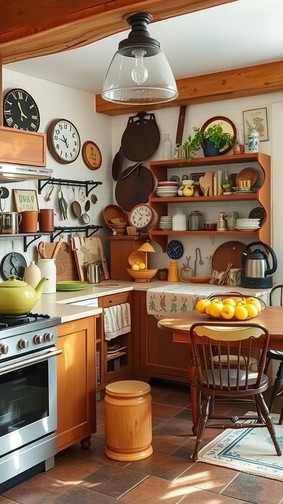 A rustic farmhouse kitchen with wooden shelves, vintage cookware, and family heirlooms displayed.