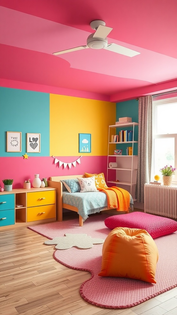 Colorful kids bedroom with pink, yellow, and blue walls, featuring a cozy bed, playful rug, and colorful storage.