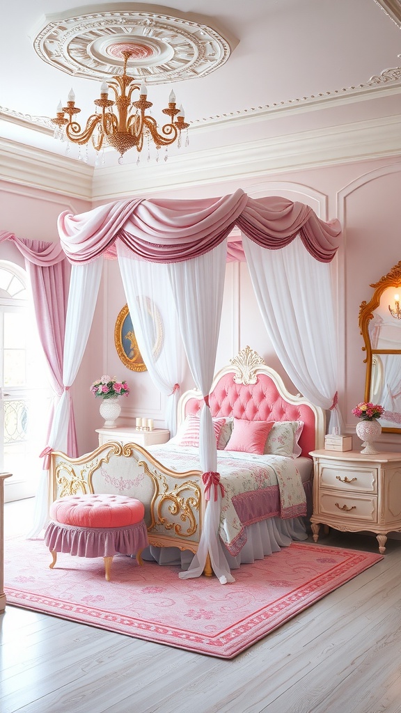 A beautifully designed kids bedroom with a pink color scheme, featuring a luxurious four-poster bed, ornate furnishings, and elegant decor.