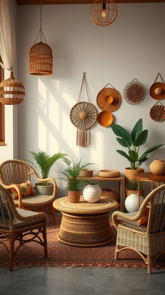 Cozy boho living room with rattan and wicker furniture.