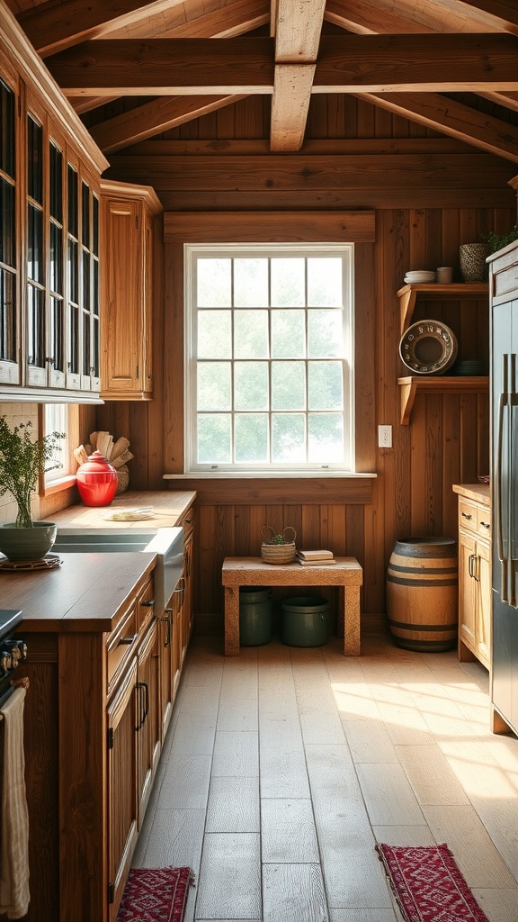 A rustic farmhouse kitchen with reclaimed wood cabinets and beams, featuring a large window and natural light.