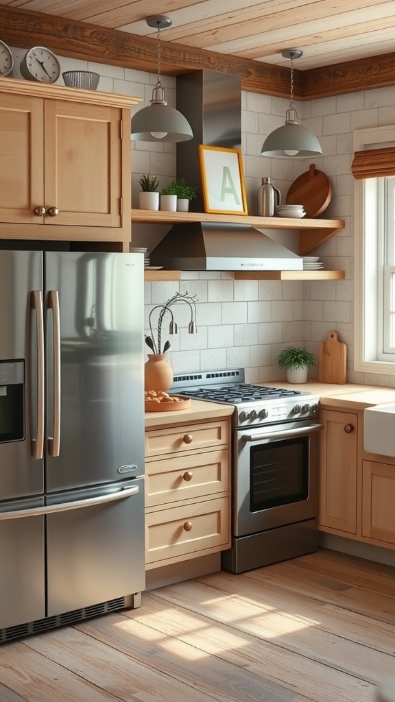 A rustic farmhouse kitchen featuring wooden cabinets, modern stainless steel appliances, and natural decor elements.