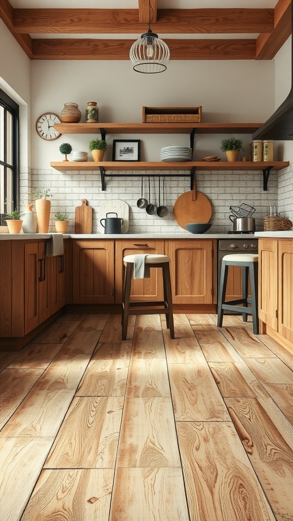 A rustic farmhouse kitchen with wooden flooring and wooden cabinets.
