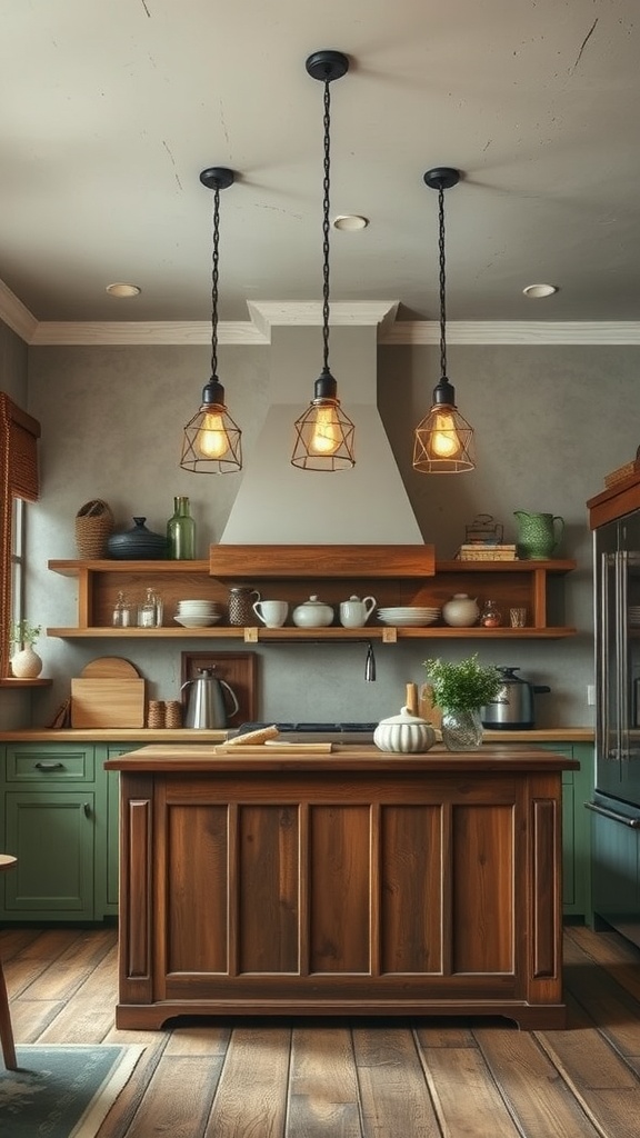 Rustic farmhouse kitchen with pendant lighting over an island