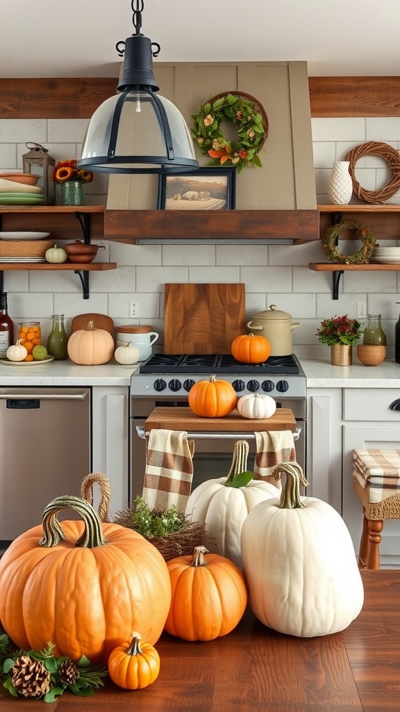 A rustic farmhouse kitchen decorated for fall with pumpkins, wreaths, and plaid accents.