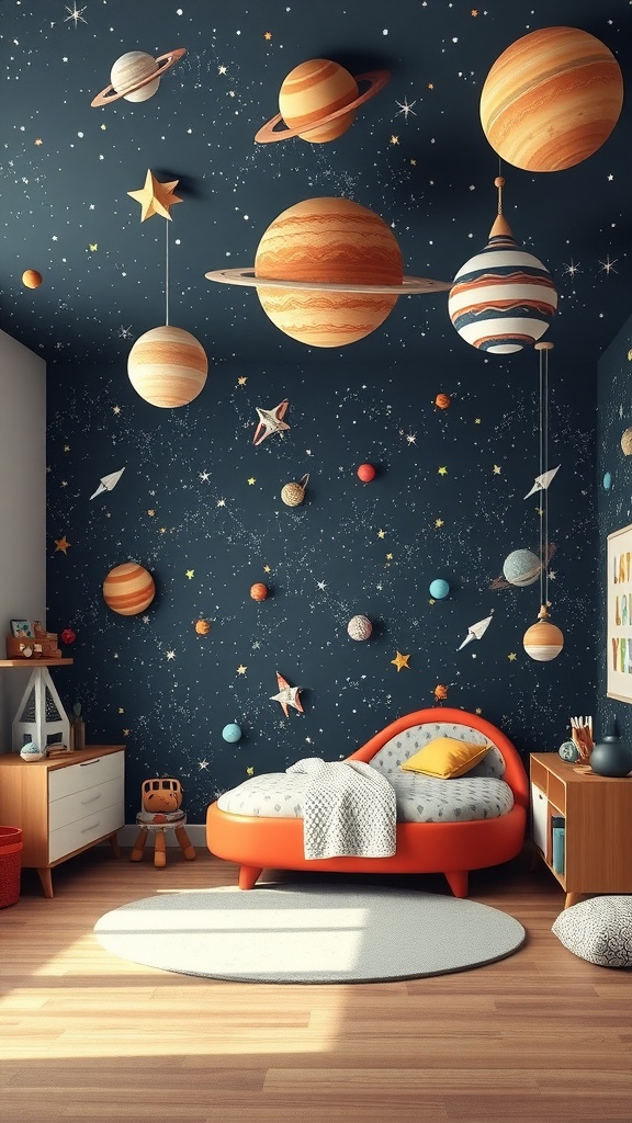 A kid's bedroom designed with a space exploration theme featuring planets, stars, and a round bed.