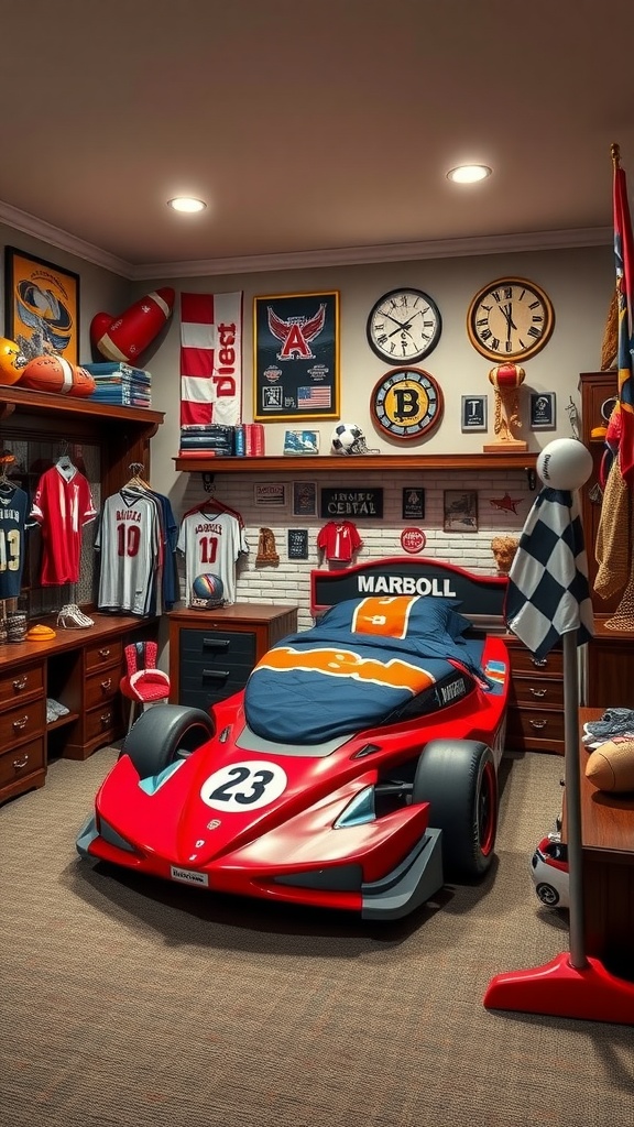 A kids bedroom designed for sports enthusiasts, featuring a race car bed and sports memorabilia.