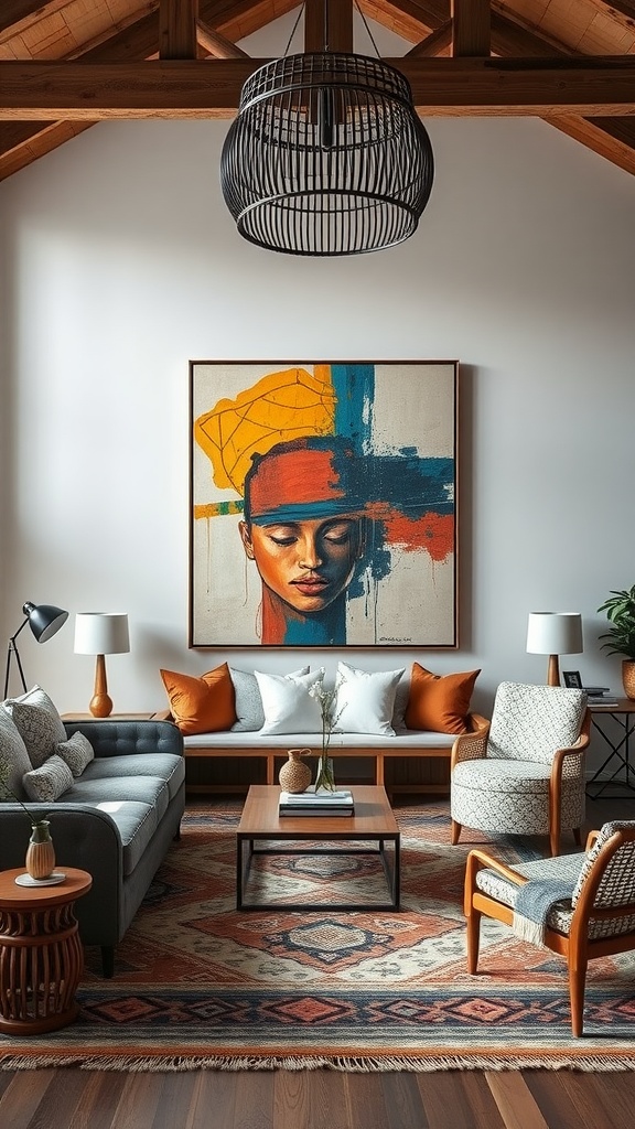 A stylish boho living room featuring a bold art piece above a cozy couch