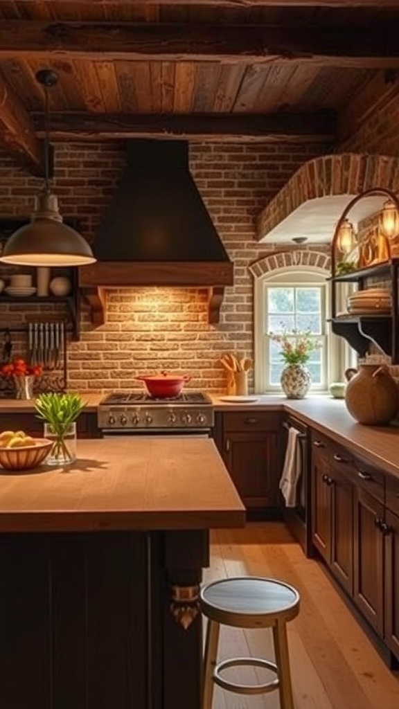 A rustic farmhouse kitchen featuring exposed brick walls, wooden cabinetry, and a cozy atmosphere.