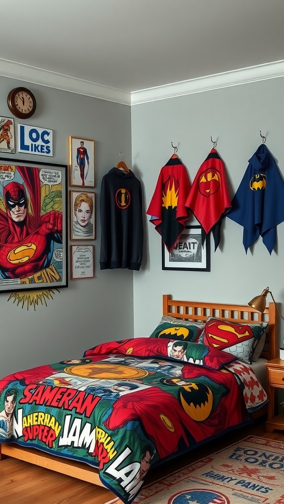 A colorful superhero-themed kids bedroom with vibrant bedding and wall art.