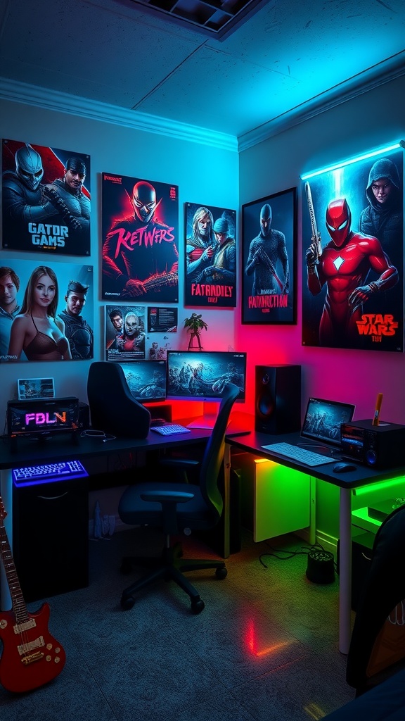 A colorful gaming setup in a kids bedroom featuring LED lights, gaming posters, and dual monitors.