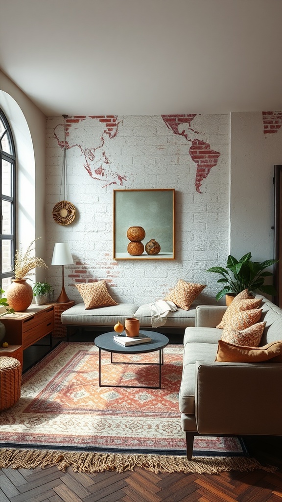 A cozy boho living room featuring textured brick walls, warm earthy tones, and stylish decor.