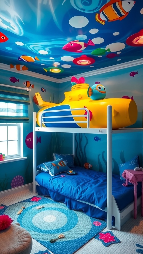 Kids bedroom designed with an underwater theme featuring a submarine bed, colorful fish wall art, and ocean-themed bedding.