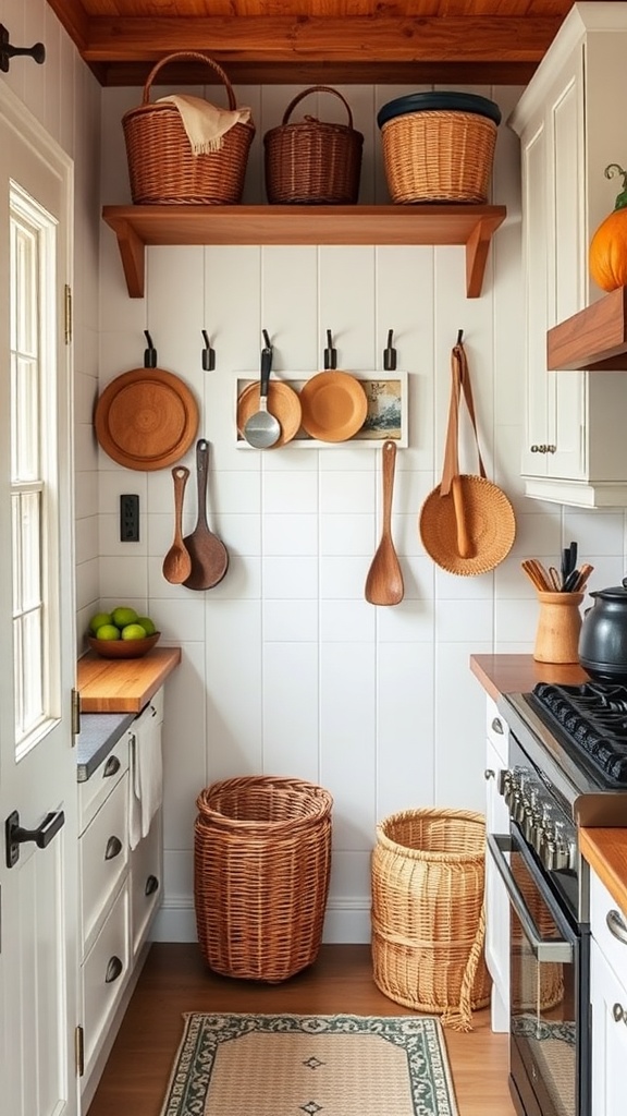 A rustic farmhouse kitchen featuring unique storage solutions with open shelving, woven baskets, and wooden utensils.