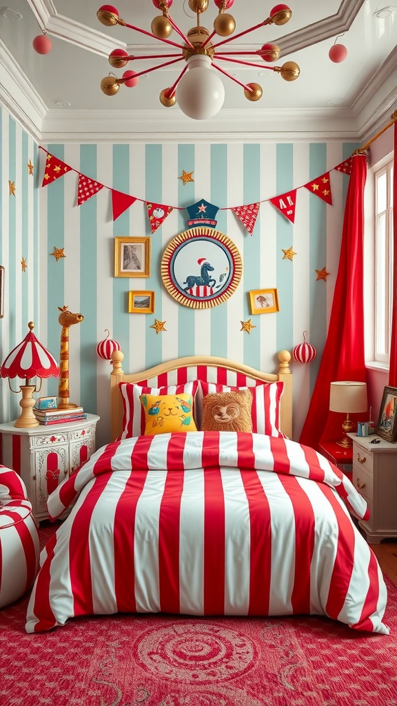 A vibrant kids bedroom designed with a vintage circus theme, featuring red and white striped bedding, blue striped walls, and playful decorations.