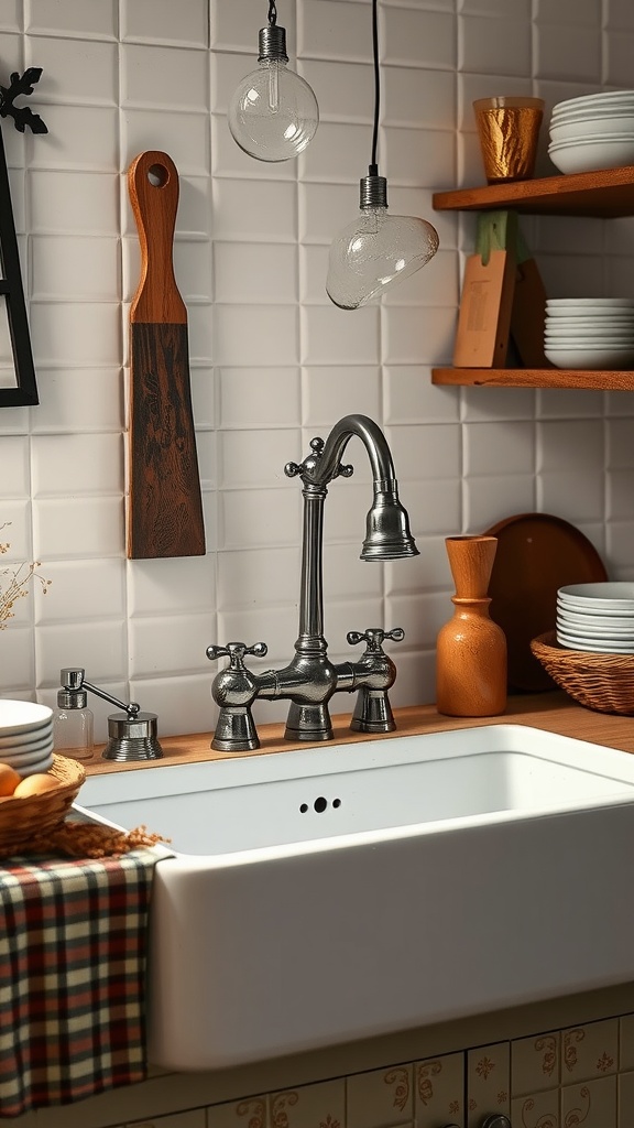 Vintage farmhouse sink with a white basin and vintage-style faucet in a rustic kitchen
