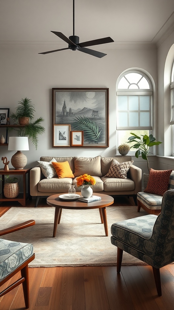 A cozy boho living room featuring vintage furniture pieces, including a stylish sofa and unique chairs.