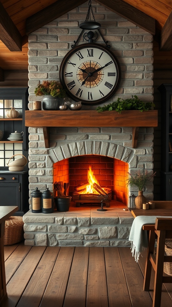 A rustic farmhouse kitchen featuring a stone fireplace with a warm fire, a large clock above, and wooden accents.