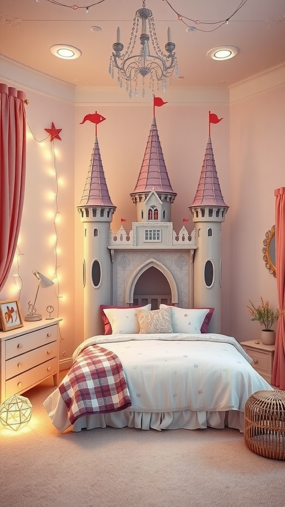 A whimsical kids bedroom with a castle-shaped bed, pink walls, and soft decor.