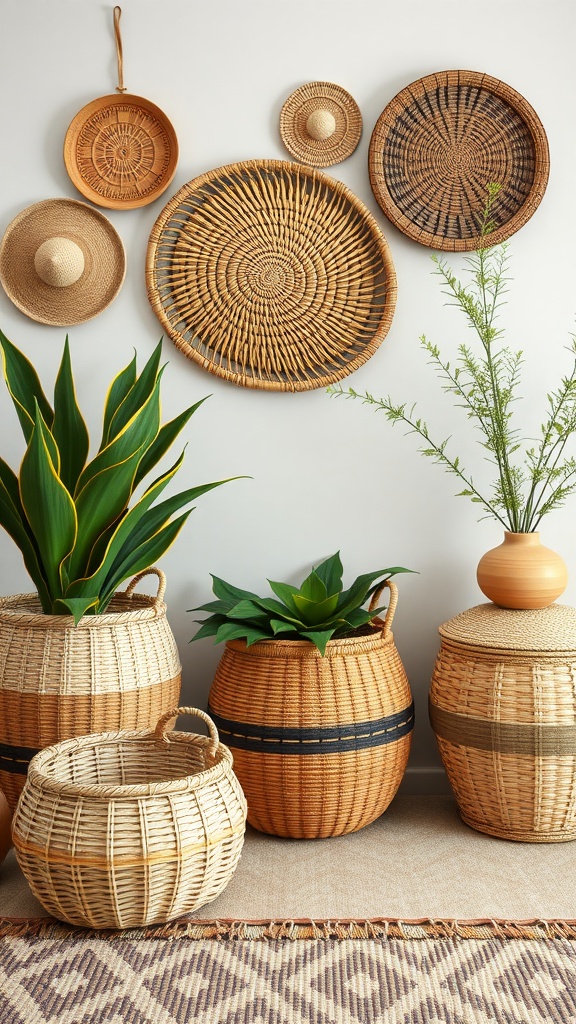 A cozy arrangement of woven baskets and plants in a Boho living room setting.