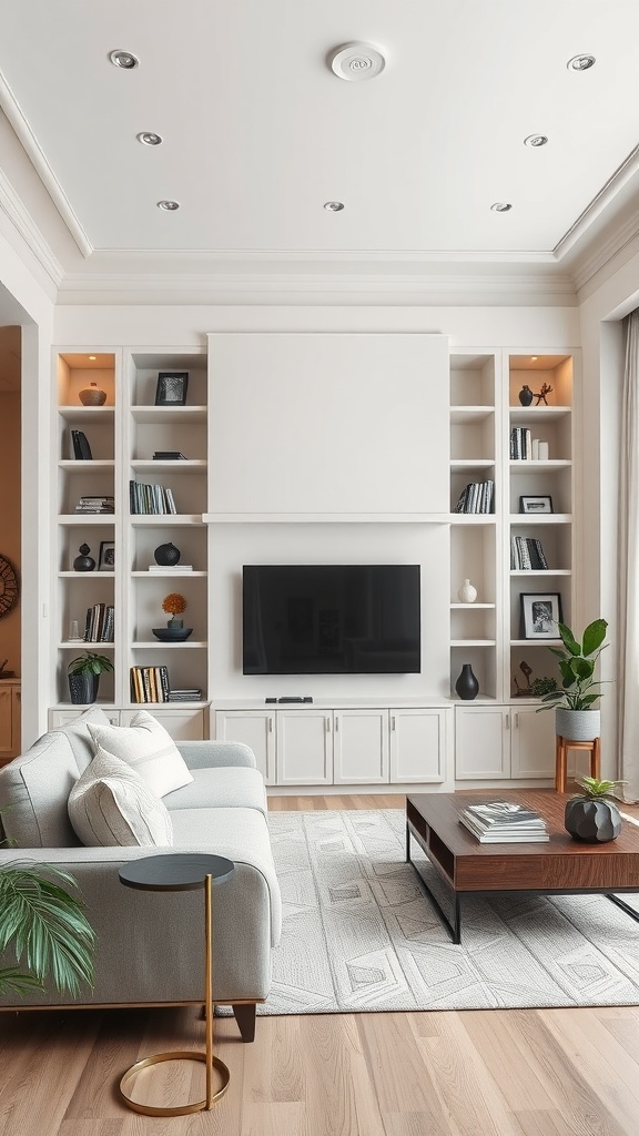 A modern living room featuring built-in shelves around a television, creating a stylish and functional space.
