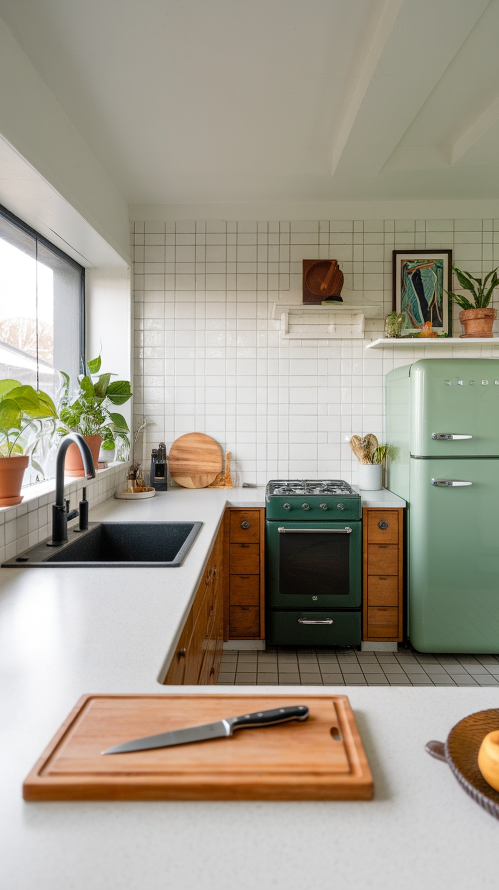 Mid Century Modern kitchen featuring a green fridge, wooden cabinetry, and plants