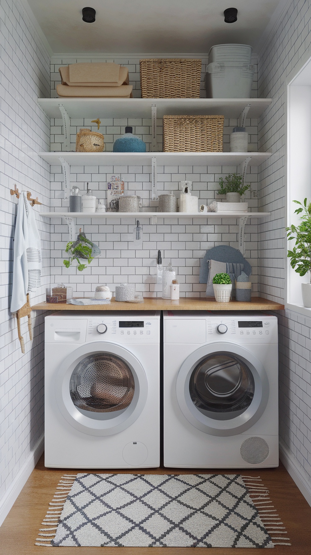 A small laundry room with a countertop over the washer, featuring organized shelves and decor.
