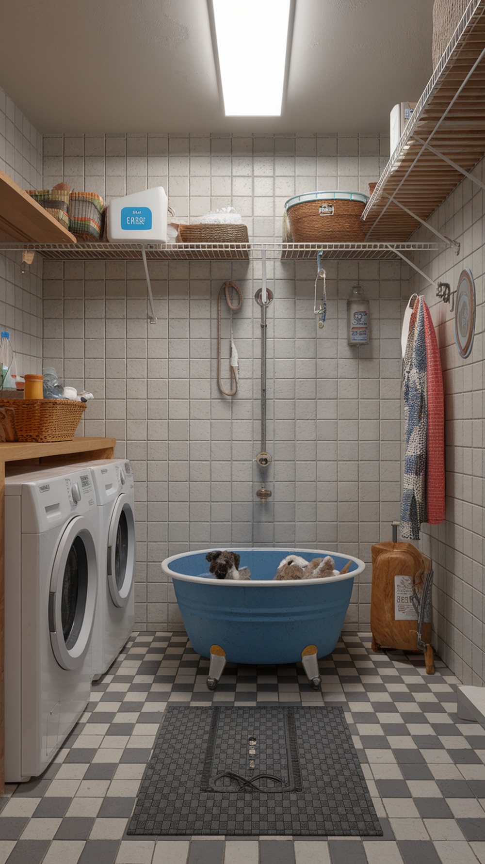 A small laundry room with a blue tub for washing pets, a washer and dryer, and organized shelves.