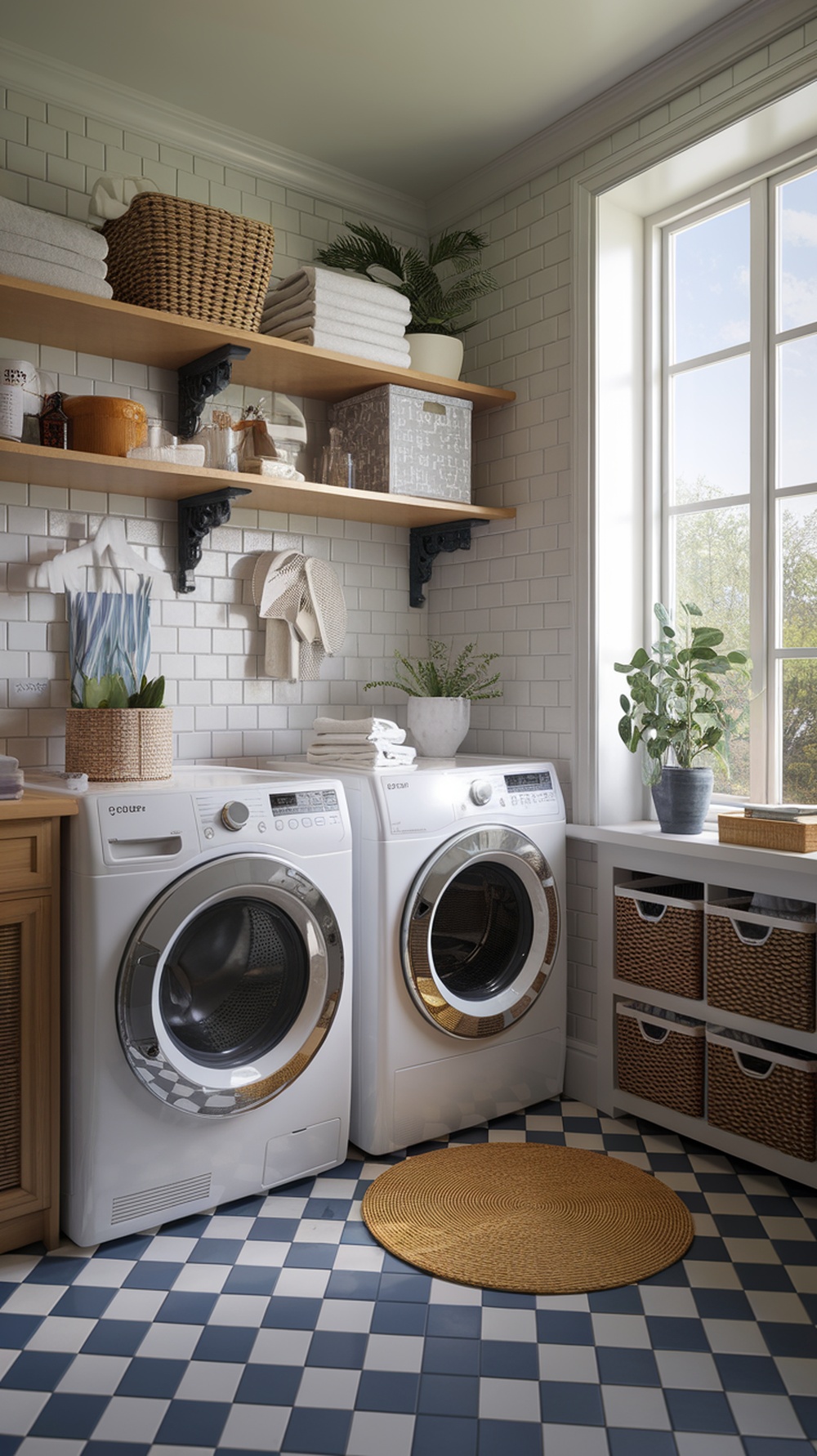 Bright and inviting small laundry room with a large window allowing natural light, featuring modern appliances, organized shelves, and a cozy feel.