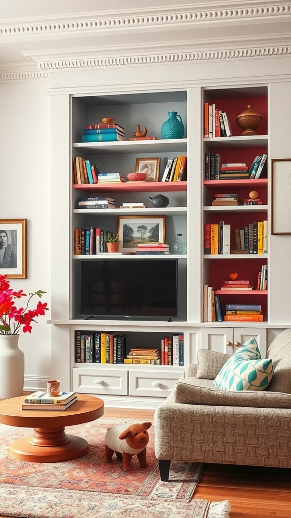 A cozy living room featuring built-in shelves with colorful decor and books.
