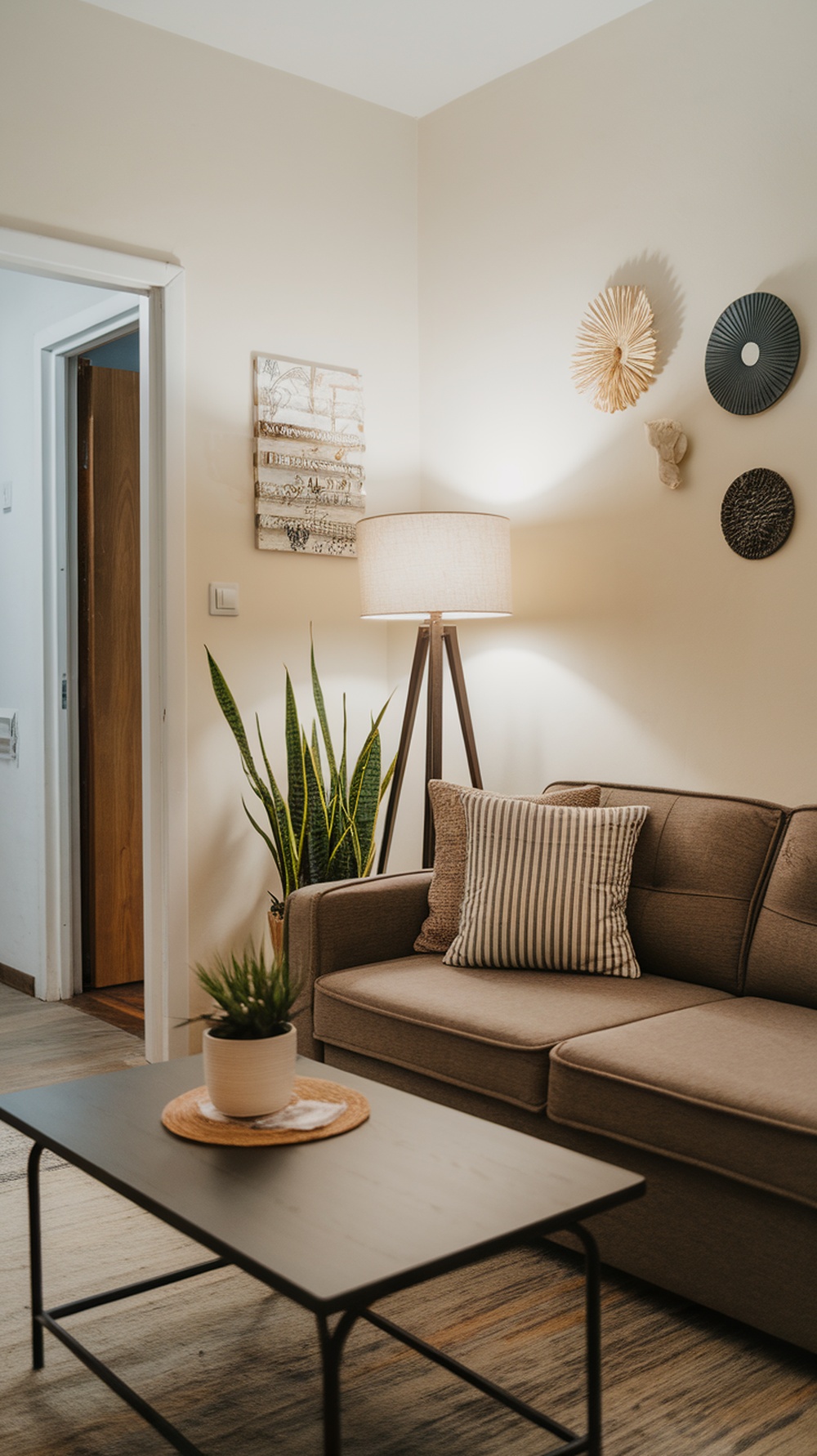 Cozy small apartment living room with a stylish lamp, a sofa, and a plant