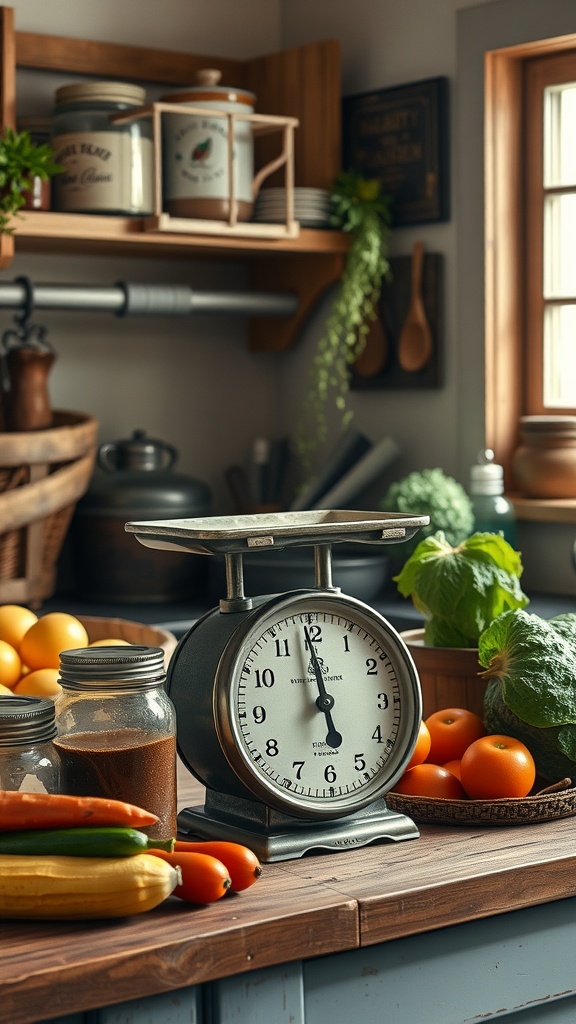 Antique kitchen scales on a wooden countertop surrounded by fresh vegetables and fruits.