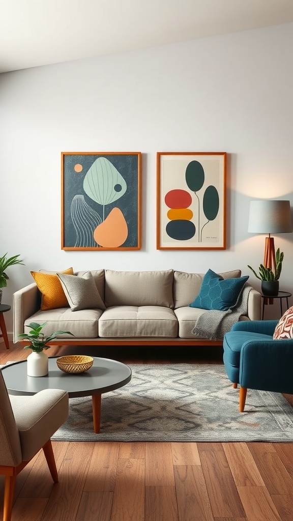 Mid Century Modern Living Room with abstract art on the walls