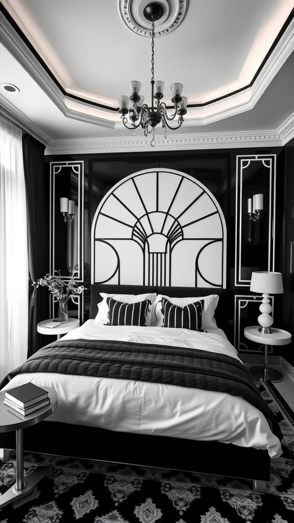 Black and white Art Deco styled bedroom with geometric patterns and elegant chandelier
