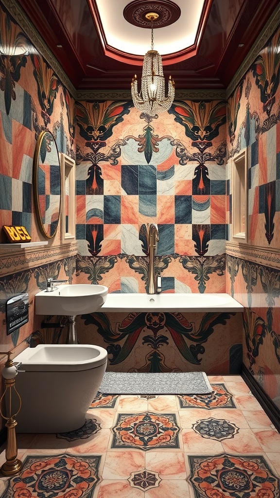 Art Deco inspired bathroom with vibrant tiles and elegant fixtures.