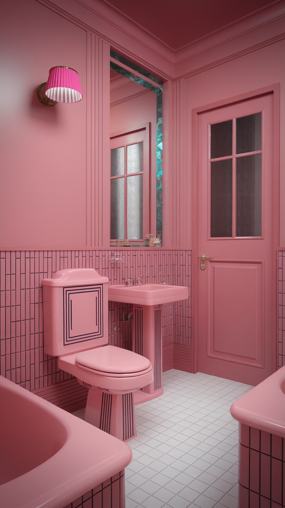 A pink bathroom with Art Deco style fixtures and decor