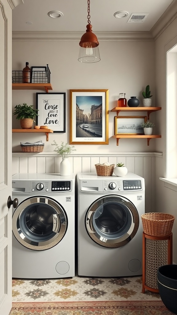 Elegant laundry room with framed art and stylish decor