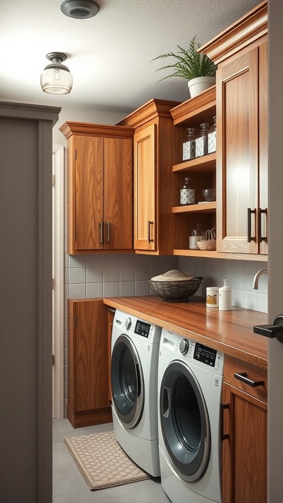 A cozy and elegant laundry room featuring warm wood cabinetry, stylish shelves with decorative jars, and modern appliances.