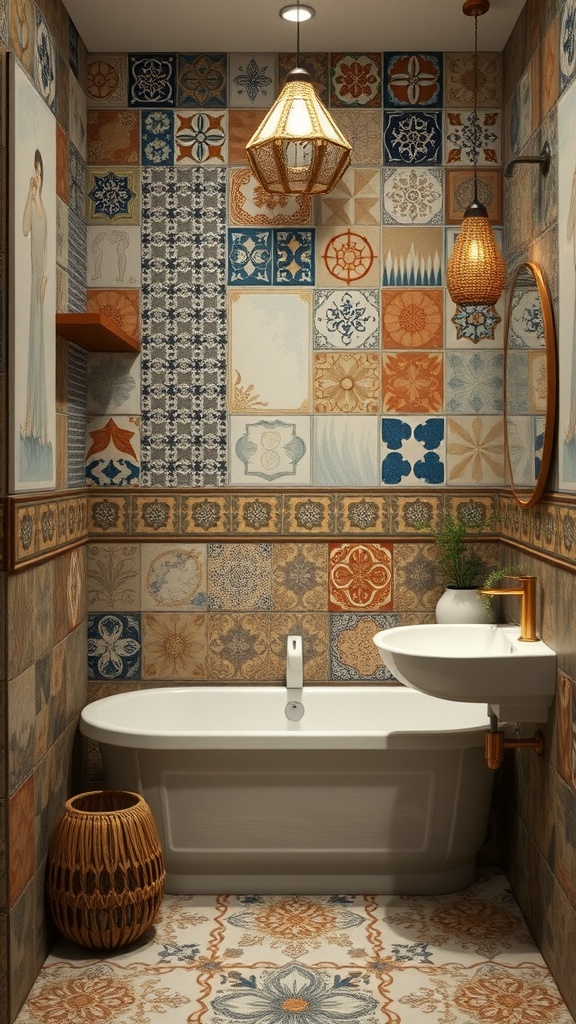A stylish bathroom featuring artisan crafted tiles in various patterns and colors.