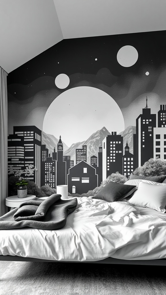 Artistic black and white mural in a bedroom featuring a cityscape and large moon