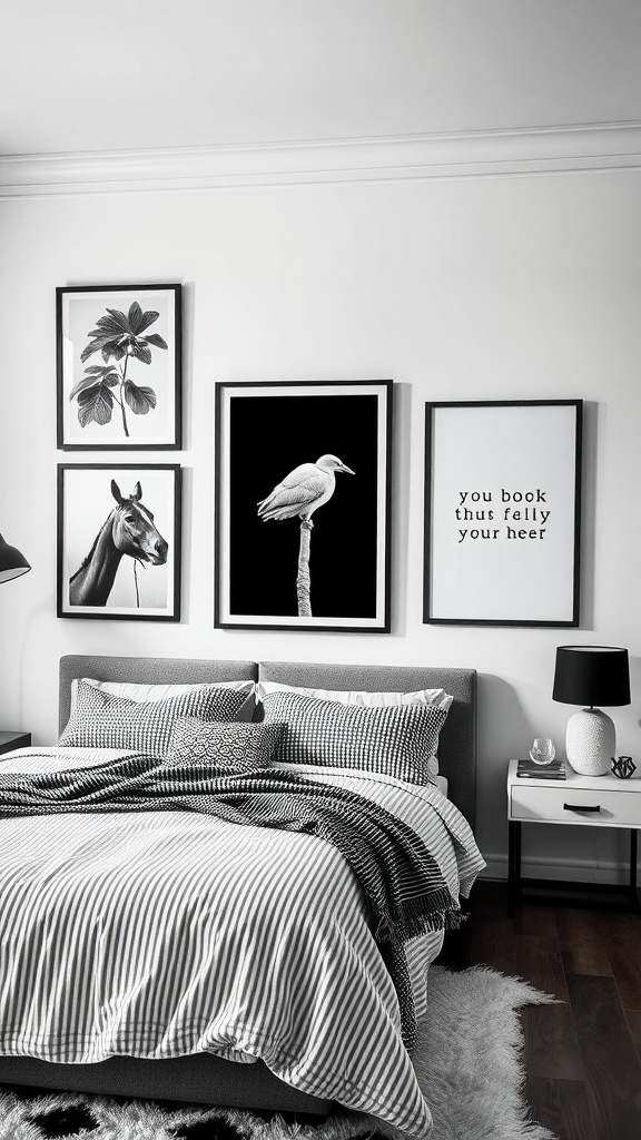 A stylish black and white bedroom featuring artistic wall art, including a bird and horse prints.