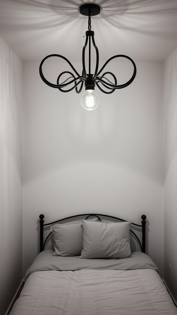 Stylish chandelier above a bed in a small bedroom