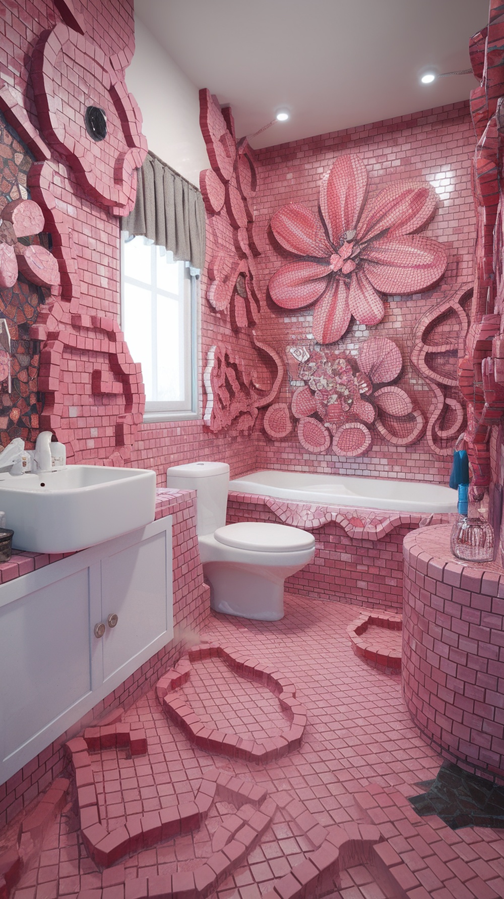 A vibrant pink bathroom with artistic mosaics featuring flower designs on the walls and floor, creating a playful yet elegant atmosphere.