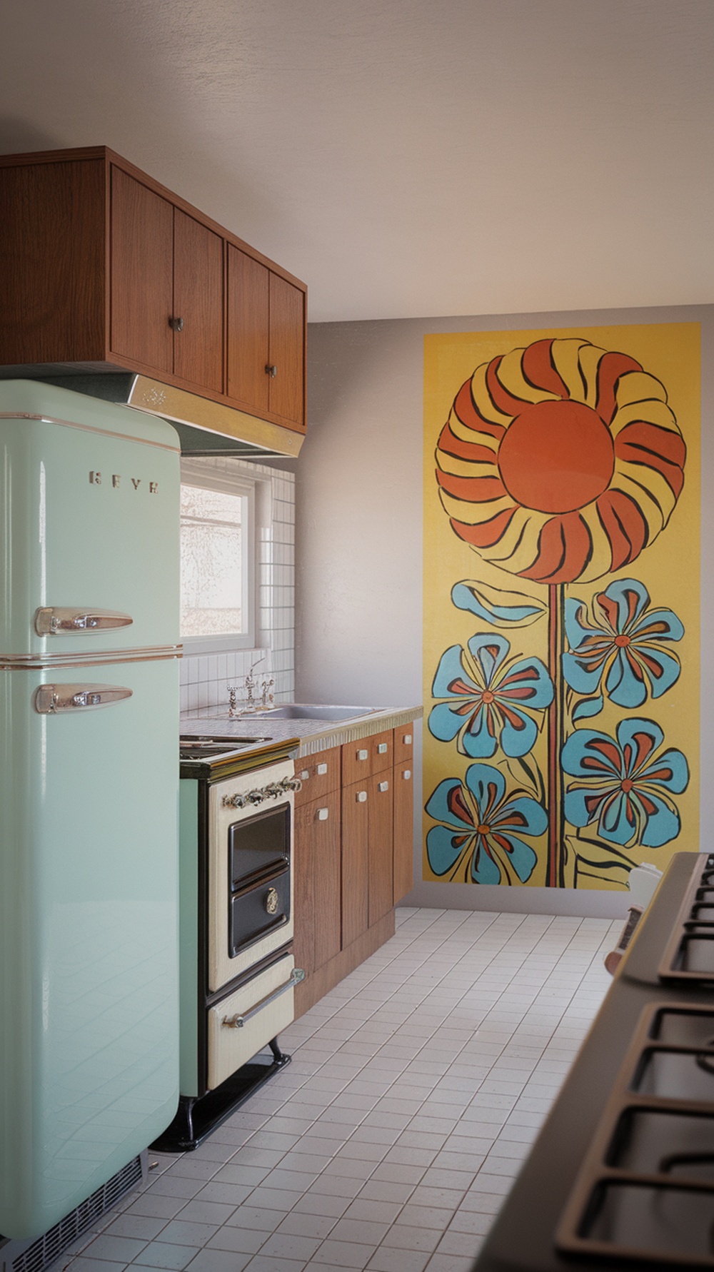 Mid Century Modern Kitchen featuring artistic wall art with a large flower and blue flowers, complemented by a mint green refrigerator and wooden cabinets.