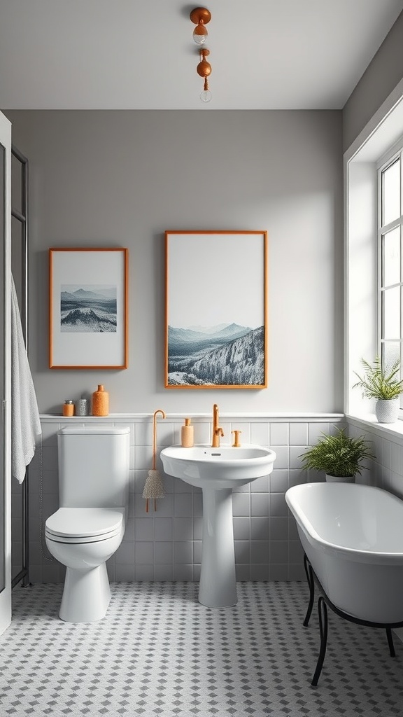 A modern Scandinavian bathroom featuring framed mountain landscape art on the walls.