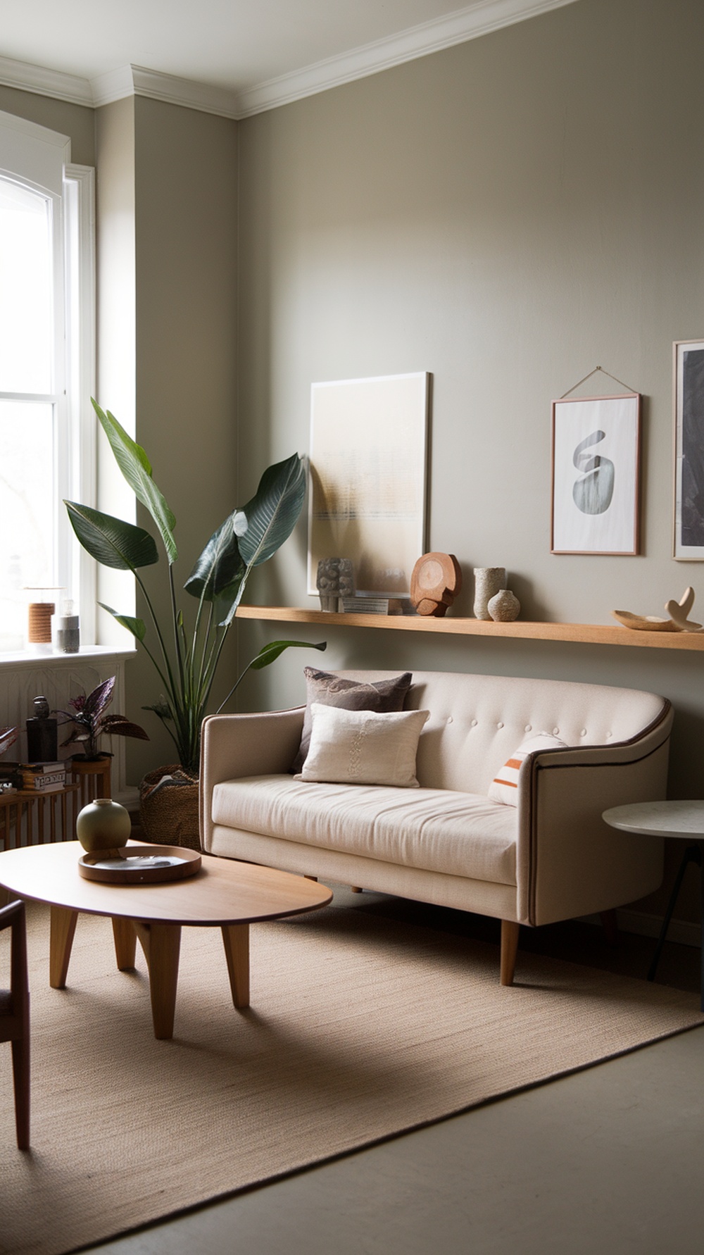 A cozy small apartment living room featuring a soft sofa, coffee table, plants, and wall art.